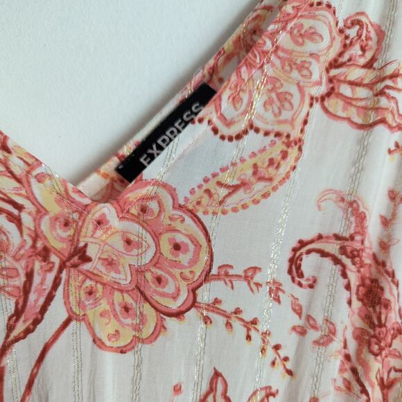 Express Ivory and Coral Paisley Printed V-Neck Puff Sleeve‎ Romper Size Small - Picture 5 of 8